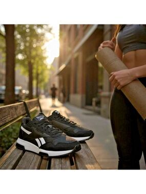 Reebok Women Suede Leather Glide DMX Sneaker Black with White Stripes Size 9.5 M